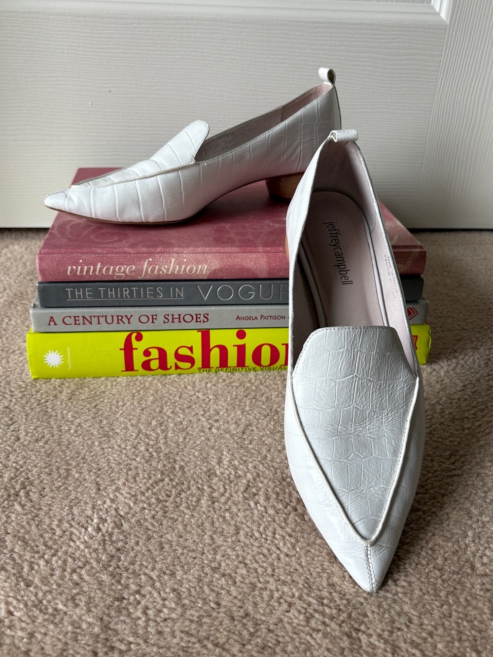 Jeffrey Campbell White Pointed Croc-Embossed Loafers